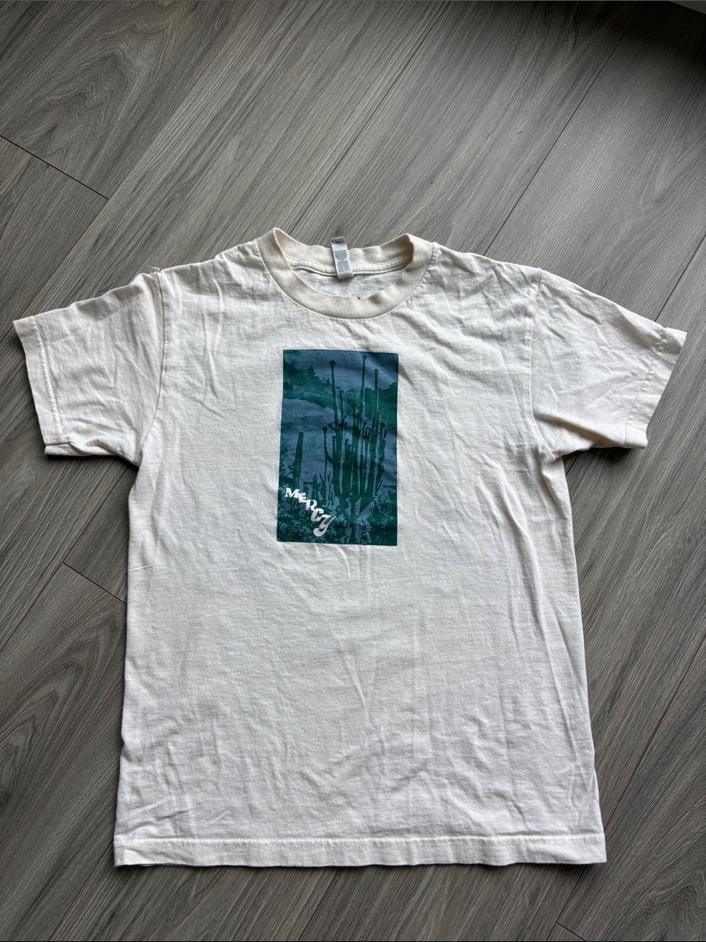 American Apparel White Short-Sleeve Tee ‘Mercy’ Green Desert Graphic